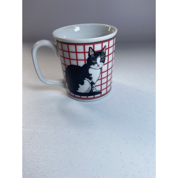 CURZON Cat Kitty Tabby Tuxedo Coffee Tea Mug Red Grid Vintage Japan - Picture 7 of 16